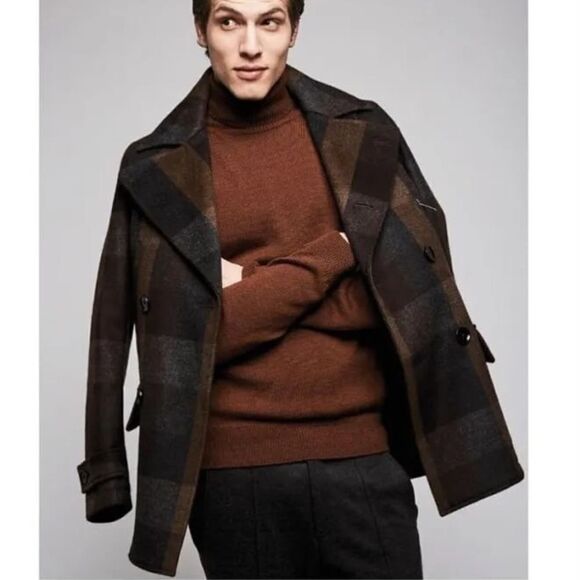 Hugo Boss Wool Brown Pea Coat Plaid Patchwork Size XS - Picture 1 of 12